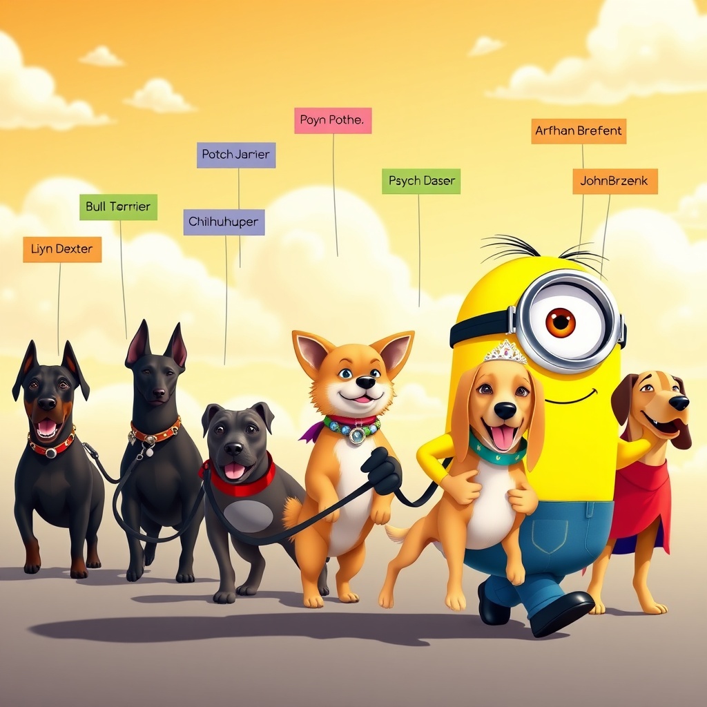 AI generated image by FLUX.1-schnell: "A bright yellow Minion with one large expressive eye and a big goofy grin is walking proudly, holding five separate chrome-plated leashes — one in each fingered hand — with five dogs walking in a line behind him. Each dog has a colorful name tag floating above its head: leading the pack is D3xter, a sleek black Doberman Pinscher with a spiked collar; next is Poncho, a fluffy golden-haired Chihuahua wearing a sombrero; then comes Psycho, a muscular and menacing Bull Terrier with a studded collar; followed by Orfey, a graceful Afghan Hound wearing a sparkling tiara; and at the end is JohnBrzenk, a playful short-haired Beagle with a superhero cape. All dogs are full of energy and personality. The Minion beams with pride as if commanding his own elite crew. The scene is cartoonish, bold, and cheerful, set against a warm sunny sky with soft white clouds."