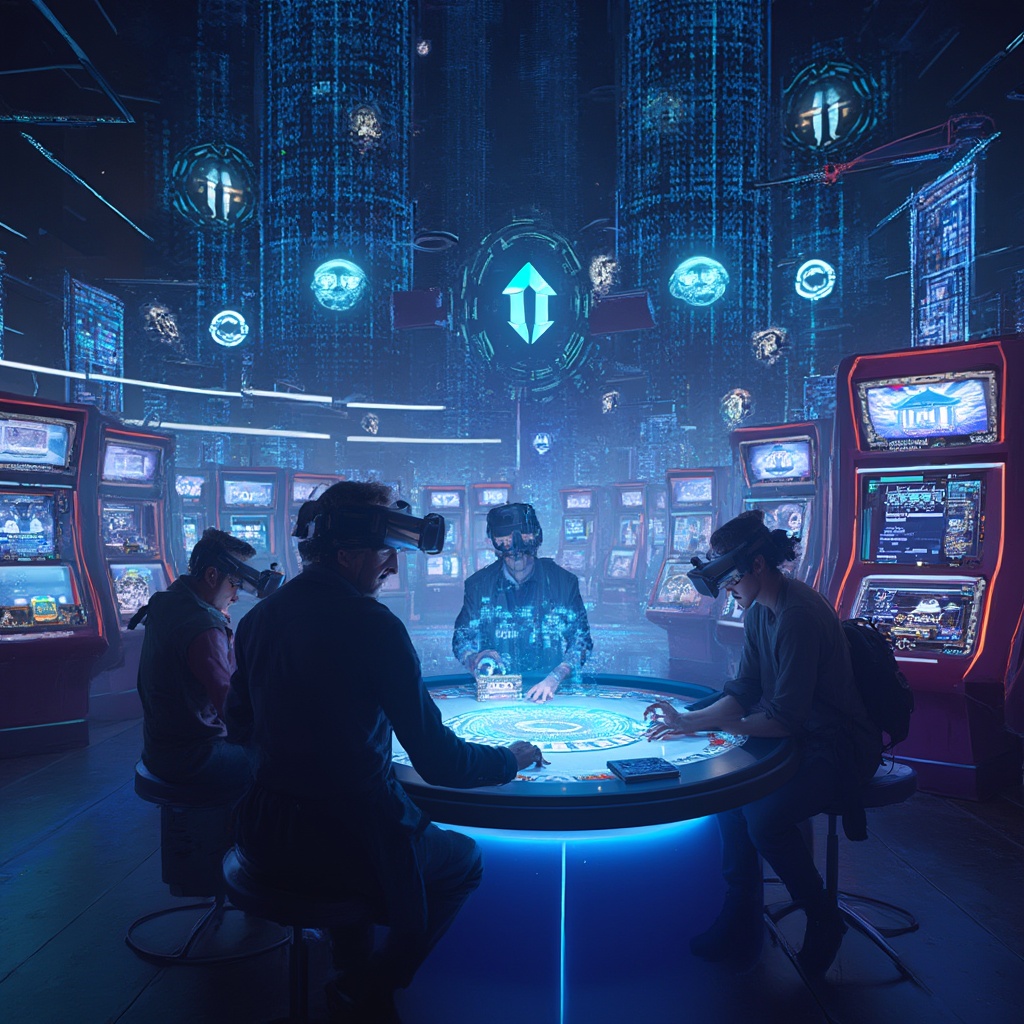 AI generated image by FLUX-Realism-Lora: A futuristic scene showcasing the integration of cryptocurrency and online casinos. The image features a high-tech casino environment illuminated with glowing blockchain-inspired patterns and holographic cryptocurrency symbols like Bitcoin, Ethereum, and others. Virtual slot machines and poker tables display digital transactions in progress, while glowing crypto wallets and QR codes hover in the air. The atmosphere is sleek, modern, and secure, evoking trust and innovation. Elements of virtual reality, such as players wearing VR headsets and interacting with digital interfaces, add a cutting-edge touch, highlighting the seamless blend of technology, gaming, and digital finance.