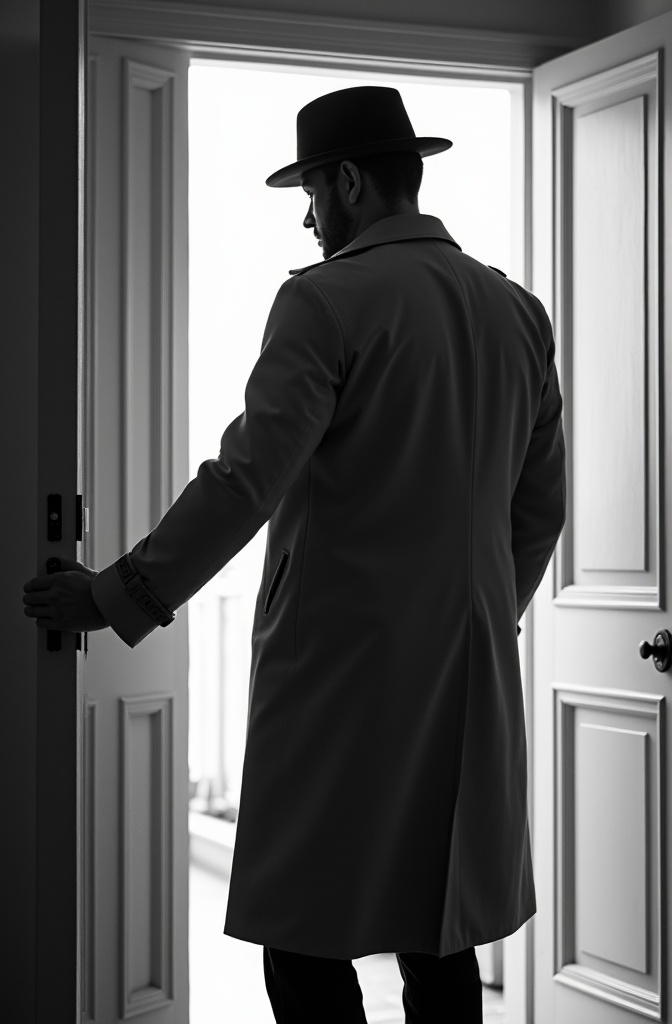 AI generated image by FLUX.1-image-to-image: black-and-white photo with the broad-shouldered silhouette of a man in a trench coat standing in a doorway coming in. 
The man holding the door handle, as if he just entered the room.

