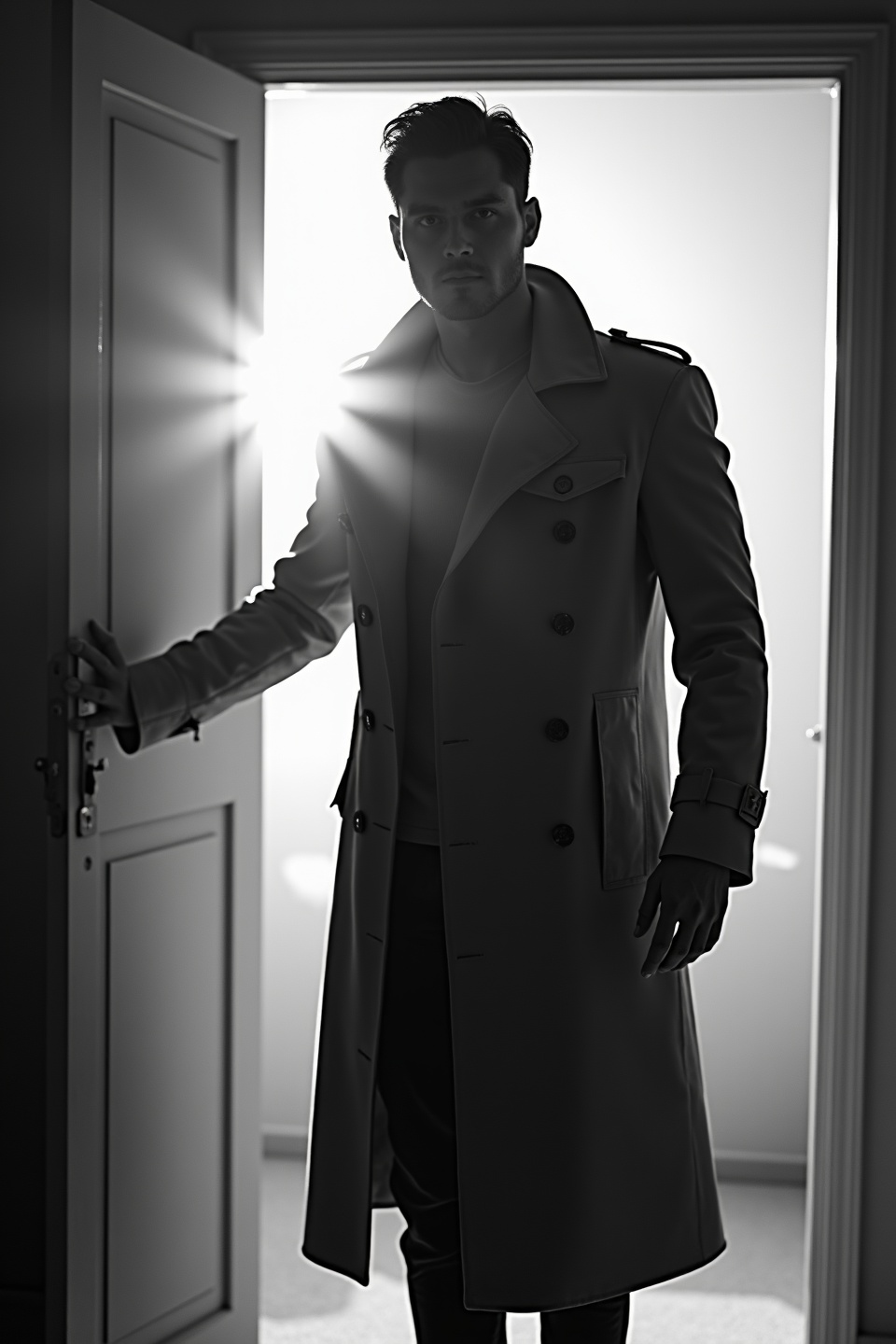 AI generated image by FLUX.1-image-to-image: black-and-white photo with the backlit dark silhouette of a handsome broad-shouldered man in a trench coat standing in a doorway coming and looking to camera. 
The man touching the door, as if he just entered the room. God rays. Backlight 