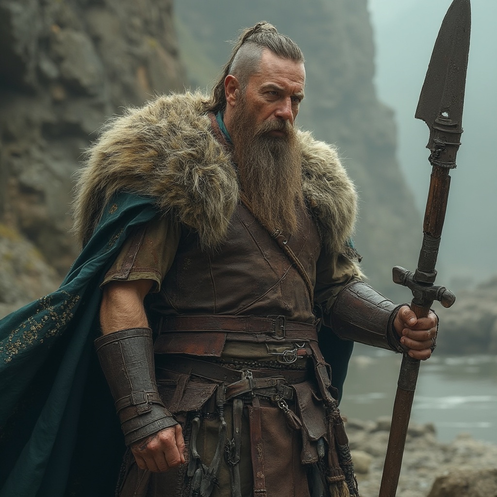 AI generated image by FLUX-Realism-Lora: Una vikinga con un hacha en la mano izquierda y un escudo en la mano derecha