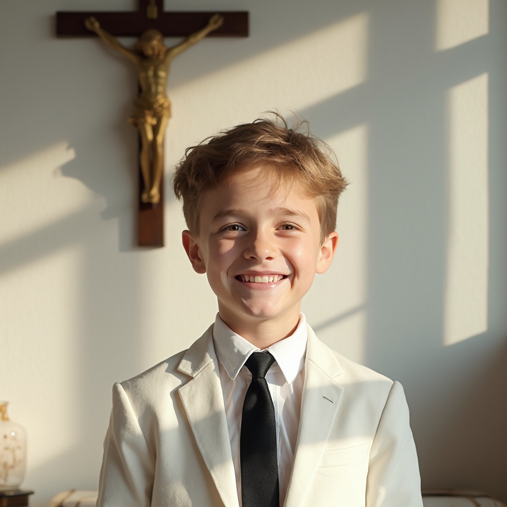 AI generated image by FLUX-Realism-Lora: The image features a carefully composed portrait of a young boy, situated in a well-lit indoor setting. The overall atmosphere of the image conveys a sense of peace, light and simplicity, with a strong appeal to naturalness and subtle spirituality. The framing is frontal, with the boy positioned slightly to the left of the center of the scene, creating an interesting balance with the elements in the background.

The boy
The focal point of the image is the young man, who appears to be between 10 and 14 years old. He displays an open, genuine smile, with white, well-aligned teeth, which contributes to the feeling of genuine joy. His skin is fair with a slight tan, and there is a subtle glow caused by the natural lighting that highlights areas such as the forehead, nose and cheekbones. The texture of the skin is extremely realistic, with pores and subtle imperfections that reinforce the natural character of the image.

His hair is light brown, with golden hues, probably enhanced by the sunlight. The hairstyle is modern and slightly messy, with strands deliberately tousled on top, giving the boy a casual, contemporary look. The hair has volume and movement, with strands sticking up and to the sides, as if it were slightly tousled after natural movement.

The boy is wearing a luxurious fine linen suit, a white shirt and a handsome black tie. The fabric drapes lightly over the shoulders and has small folds that contribute to the realism of the scene.

Background and environment
Behind the boy is a wall painted in a light tone, probably a very soft white, which helps to reflect the natural light and maintain a light atmosphere. This wall has a fine, subtle texture, especially visible in the areas where light and shadow meet. The shadows from the windows form soft diagonal stripes across the wall, creating a geometric pattern that adds depth to the scene.

To the left of the boy is a wall crucifix hanging vertically. The crucifix is ​​traditional, with the figure of Jesus Christ centered and with open arms. The cross is made of wood or a material that simulates dark wood, with gold details that refer to a classic Catholic style. The figure of Christ is golden and shiny, standing out against the neutral wall. The shadow of the crucifix is ​​projected to the right, reinforcing the direction of the light source.

This religious presence adds a symbolic layer to the image. It may suggest that the environment belongs to a family of Christian or Catholic faith, or that the boy is in a moment of reflection or spiritual peace. The image thus conveys not only technical realism, but also a visual narrative with implicit meanings.

To the right of the scene, we see a light wooden window with several checkered panes. Light enters through this window and brightly illuminates the environment. The sun's rays are soft and diffuse, which indicates that the image may have been captured in the early morning or late afternoon, when the light is more golden and less harsh. The shadow of the window is projected onto the wall with precise lines, reinforcing the direction of the light and contributing to the realism of the scene.

Next to the window, there is a small dark wooden table or stool with three legs, in a modern and minimalist style. On it, there is a small, simple and plain white vase, containing a plant with vibrant green leaves. The plant is healthy, with rounded leaves that are slightly turned towards the light source, which gives it a more natural look and reinforces the attention to detail in the composition. Next to the vase, there is a small white plate, probably decorative or part of a functional set.


Composition and lighting
The composition is essentially symmetrical, but not rigid—balance is achieved through clever placement of elements. The boy occupies the center, while the crucifix balances the left side and the window, plant, and natural light balance the right side. The neutral background helps to highlight both the face and the objects without generating visual noise.

The lighting is natural and soft, coming from the right of the image, creating well-defined but soft shadows. The shadows cast by the window form a visually pleasing, almost artistic pattern that follows the composition without competing with the main focus. The light that hits the boy's face is perfect for a portrait—soft enough not to cause excessive glare, but intense enough to reveal facial textures and volumes.

Technical realism
The image is highly realistic in every sense: textures, lighting, proportions, and even subtle imperfections that contribute to authenticity. The shadows and the way the light interacts with the skin, hair and objects in the background demonstrate a level of detail that makes the image look like a real photograph. The depth of field is slightly blurred in the background, which helps to keep the boy's face as the center of attention. The edges of the elements in the background are soft, without artificial contours.

Emotional and symbolic interpretation
In addition to its visual appeal, the image carries a symbolic charge: the boy's genuine smile, combined with the presence of the cross and the natural light that surrounds him, conveys an idea of ​​purity, peace and spirituality. It can be interpreted as a representation of innocence, faith or even the harmony between childhood and belief. The atmosphere is cozy and intimate, almost like a scene from a quiet morning in a family home.

A confident boy with a kind smile, looking directly at the camera, talking casually. Realistic skin texture with visible pores and freckles. Slight skin imperfections. Hair with natural flyaways and realistic shadows. Natural daylight from a side window creating soft highlights and subtle shadows on the face. Background slightly blurred, showing a textured wall and a golden cross with slight wear. Captured with a Sony A7 IV and 35mm f/1.8 lens. Shallow depth of field, photorealistic, soft focus, documentary-style, candid atmosphere. --style raw --profile
