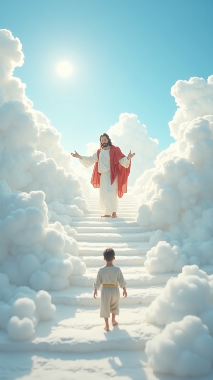 AI generated image by FLUX.1: A hyperrealistic scene of Jesus walking down a long white staircase made of clouds, completely surrounded by thick, fluffy clouds at different heights. The sky is clear and blue. Jesus wears a white robe with a red mantle, arms open in a peaceful and welcoming gesture as he descends. A young boy in simple biblical-era clothing stands at the bottom of the stairs, looking up at Jesus with awe and hope. The lighting is soft and natural—no golden glow, no arch, just serene atmosphere and vivid colors. The composition should emphasize movement and emotion, with many detailed clouds creating a heavenly ambiance.

