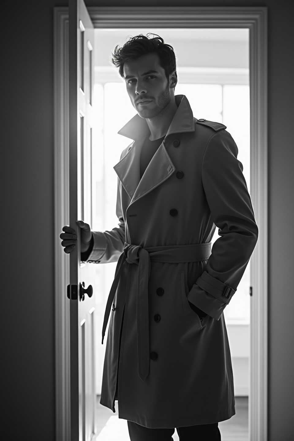 AI generated image by FLUX.1-image-to-image: black-and-white photo with the backlit dark silhouette of a handsome broad-shouldered man in a trench coat standing in a doorway coming and looking to camera. 
The man holding the door, as if he just entered the room. God rays. Backlight 