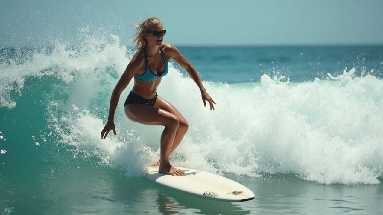 AI generated image by FLUX.1: hyperrealistic devotion to female ocean surfing