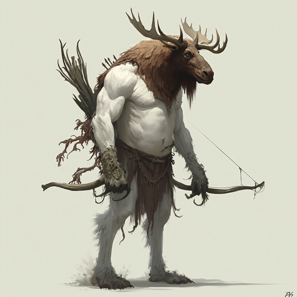 AI generated image by FLUX-Realism-Lora: A very tall, muscular, white-skinned humanoid being with the head of a moose, legs of a goat, a bow on his back, and a quiver. His head is brown