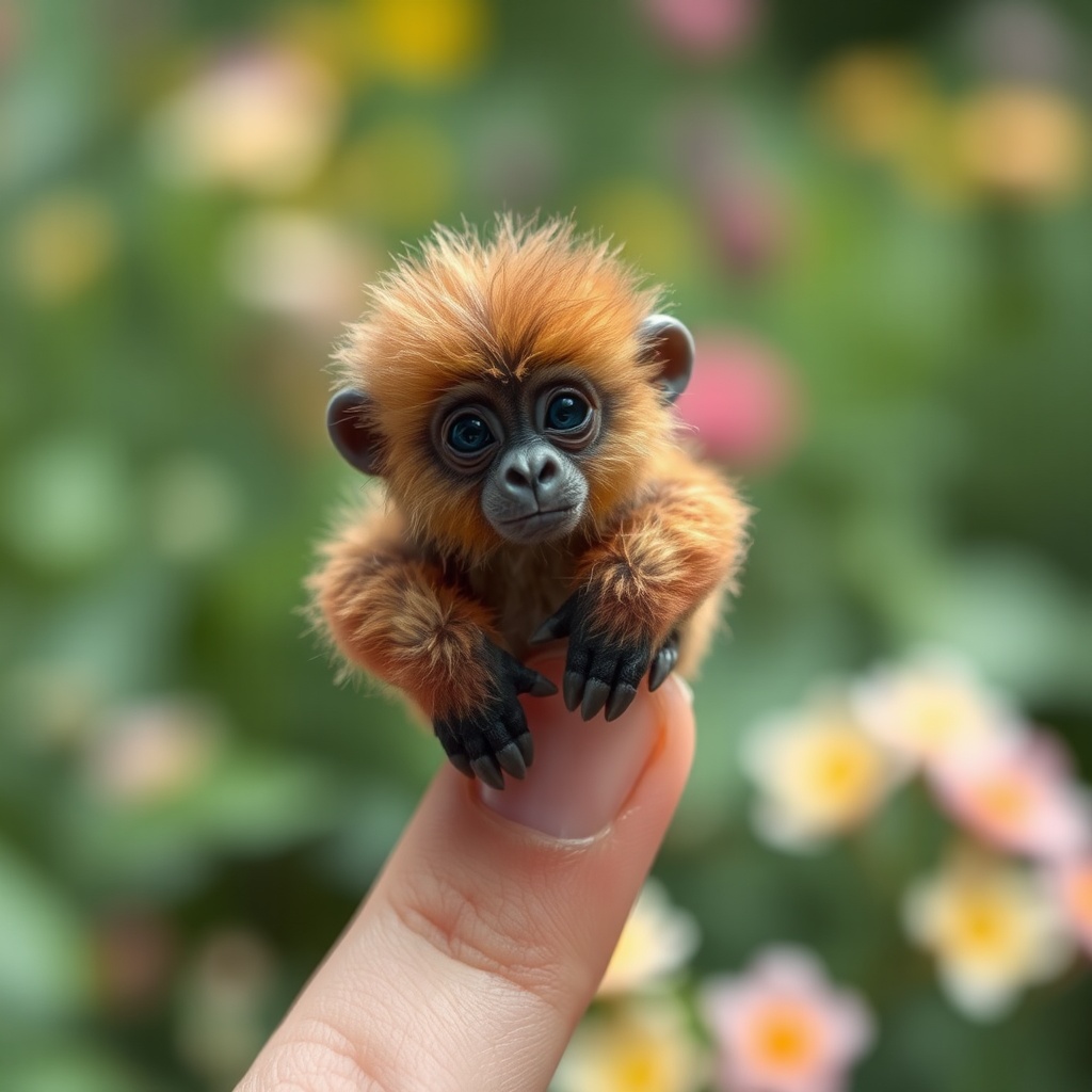 AI generated image by FLUX.1-schnell: A tiny, fluffy mini gorilla perches delicately on a slender human finger, the finger adorned with well-groomed light pastel pink nail polish that contrasts beautifully with the warm, golden fur of the gorilla. The gorilla's mane shimmers softly under diffused lighting, enhancing its adorable features, including large, expressive eyes that gleam with curiosity and small, rounded ears that perk up, adding to its undeniable cuteness. The finger's skin appears smooth and lightly tanned, providing a delicate support for the tiny creature. In the softly blurred background, a lush green garden is depicted, filled with hints of vibrant foliage and colorful, indistinct flowers, creating a serene and inviting atmosphere. The composition emphasizes the tiny gorilla's size in relation to the human finger, drawing the viewer's eye to the intricate details of both the creature and the hand. The lighting is soft and diffused, creating gentle shadows and highlighting the textures of the gorilla's fur and the smoothness of the finger. Keywords: macro photography, portrait style, soft focus, whimsical, natural lighting, vibrant colors, delicate composition, close-up perspective, animal portrait, serene background.
