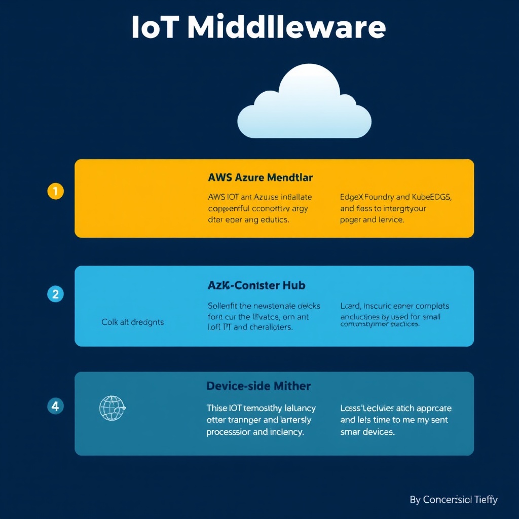 AI generated image by FLUX.1-schnell: Based on deployment models, IoT middleware platforms can be categorized into three main types:
1 Cloud-based Middleware: Platforms like AWS IoT and Azure IoT Hub that leverage cloud computing infrastructure for powerful computing and storage capabilities. These are ideal for IoT applications requiring large-scale data processing and analytics. They offer high scalability and integration with other cloud services.
2 Edge Computing Middleware: Platforms such as EdgeX Foundry and KubeEdge that are deployed at network edges close to data sources. These reduce data transmission latency and are suitable for applications requiring real-time processing and response.
3 Device-side Middleware: Platforms like Contiki and TinyOS that run entirely on resource-constrained smart devices. These are appropriate for standalone or small-scale IoT networks where cloud connectivity is not required or available. They focus on efficient resource utilization and local processing capabilities.
