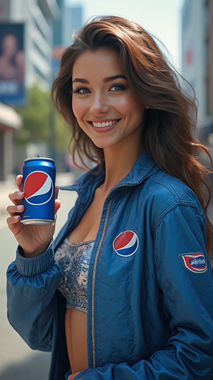 AI generated image by FLUX-Realism-Lora: "Generate an ultra-realistic image of a female AI influencer with an impeccably symmetrical face, featuring deep blue eyes that reflect warmth, intelligence, and excitement. Her smile is radiant and genuine, revealing slightly imperfect teeth that add to her authenticity, while holding a chilled, vibrant blue can of Pepsi in one hand, subtly tilted towards the camera.

Her skin exhibits realistic textural details, including fine pores and natural variations in tone, capturing a lifelike glow enhanced by soft, diffused lighting. She’s dressed in a chic, contemporary outfit, blending modern streetwear with subtle nods to classic Hollywood glamour. The outfit features deep blue and silver tones, mirroring Pepsi’s iconic color palette, with rich, textured fabrics that catch the light. Ensure her clothing fits perfectly, highlighting her figure without appearing artificial.

Her hands, prominently displaying the can, are proportionate with lifelike characteristics, including delicate veins and natural skin tones. Her other hand rests casually by her side. Her hair cascades in soft, natural waves, with individual strands reflecting the light, adding to the image's dynamic feel.

The setting is a stylish urban backdrop with soft bokeh effects, allowing her to stand out as the focal point. Pepsi branding elements, like a billboard in the distance or product placement subtly integrated into the scene, should enhance the collaboration. Incorporate subtle hints of greenery or urban architecture to add depth, but keep the focus on her vibrant personality, infectious energy, and her connection with the Pepsi brand." The Pepsi can shall look very very very hyper realistic as it is paid brand collaboration on Instagram