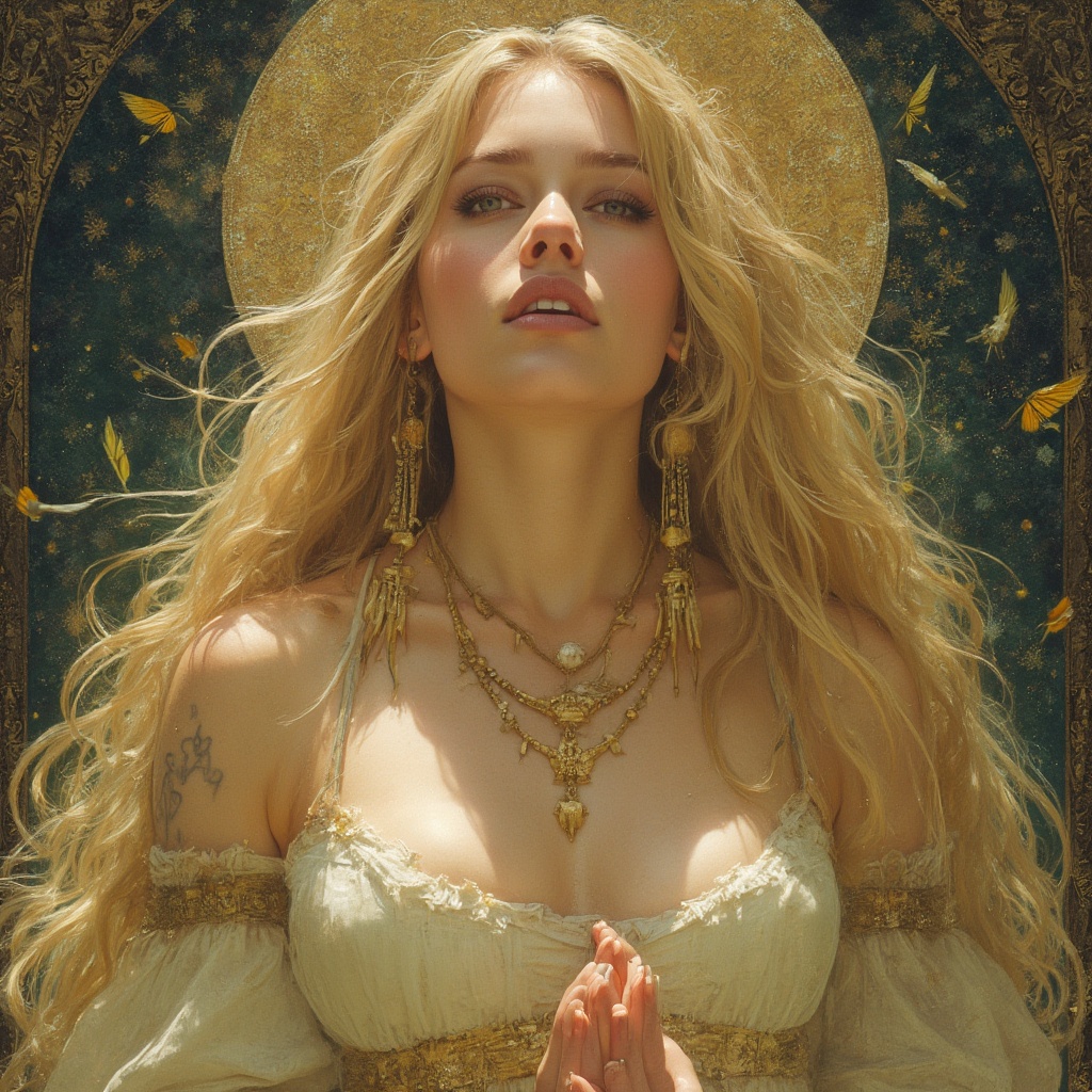 AI generated image by FLUX-Realism-Lora: tarot, blonde woman,  estrellas