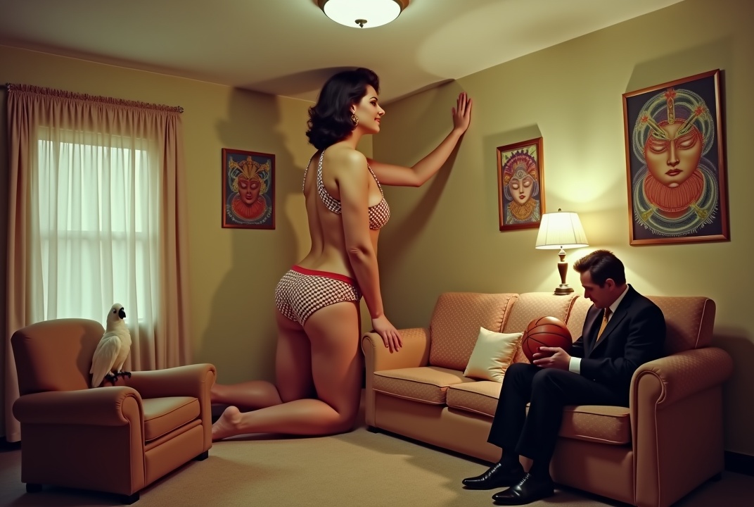 AI generated image by FLUX.1: beautiful giant woman in her early 20s trapped in cramped room, kneeling, her body bent at strange angle; towering woman is so tall she can barely fit; her shoulders squashed against the ceiling, with only a small gap between her head and the ceiling, one hand presses against the walls of the room. Photo from 1971. There is a couch and chair in the room, and two abstract psychedelic posters on the walls.  Man in a suit sits on other end of the couch and looks at her, with a mean-looking grin, holds a basketball. A white cockatoo sits atop the back of the couch. Giant woman wears a low-cut polka dot bikini with various color fabric, and earrings, wide hips. Everything else in the room is tiny. Her towering thighs are longer than the couch, her large long feet  barefoot. She's 19 feet tall, 3x the size of the man, 7 feet torso, her belly button above his head, smiles lovingly. Low ceiling, two inches above her head. High angle shot.
