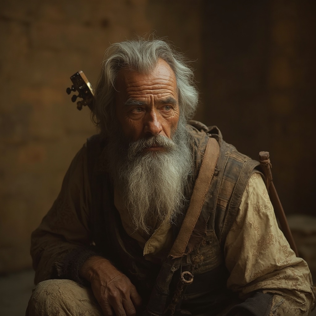 AI generated image by FLUX-Realism-Lora: A man clothed like Indi Jones, but in tattered clothes and old. He has a long grey beard, but a young face. He's got a guitar on his shoulder. He's very tired. He's in the pharaoh's tomb. A waist-high shot. A cinematic hyper-detailed shot. Ultra Photorealism