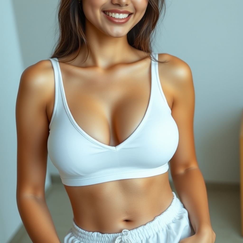 AI generated image by FLUX.1-schnell: A young Japanese woman with huge breasts in a small white tanktop and small short shorts. She has tanned skin and is smiling seductively. Her midriff is bare