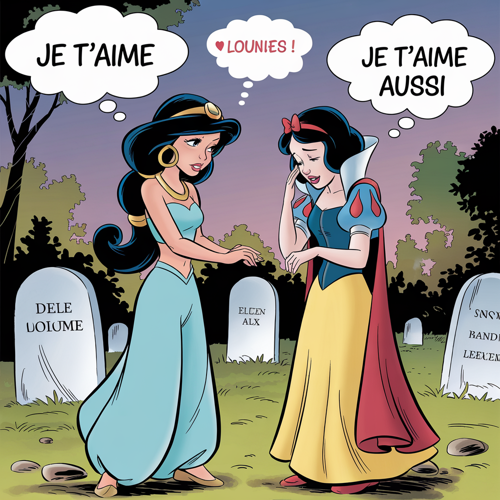 AI generated image by ideogram 2.0: Lesbians princesse jasmine happy hug hands the heade princesse snow white very crying Wail hug the arms princesse jasmine cemetery funeral amoureuse et se discuter réconforter sa femme se parler dans des bulles de bandes dessinées française