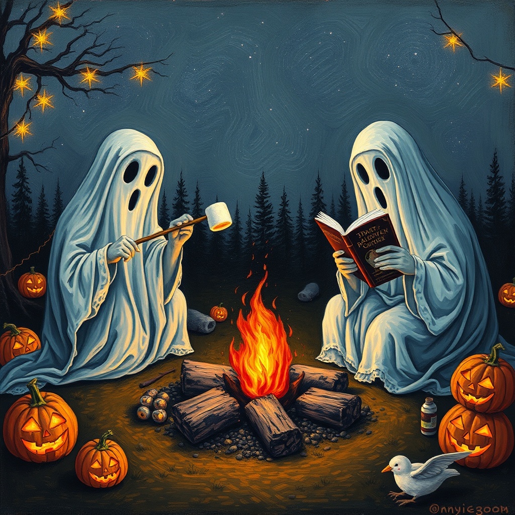 AI generated image by FLUX.1-schnell: create a painting of three ghosts camping. two are roasting marshmallows on a stick around a campfire and one is reading a spooky book. The campsite should be decorated with halloween decorations, jackolanterns, lights, etc. Make it in the style of van gogh