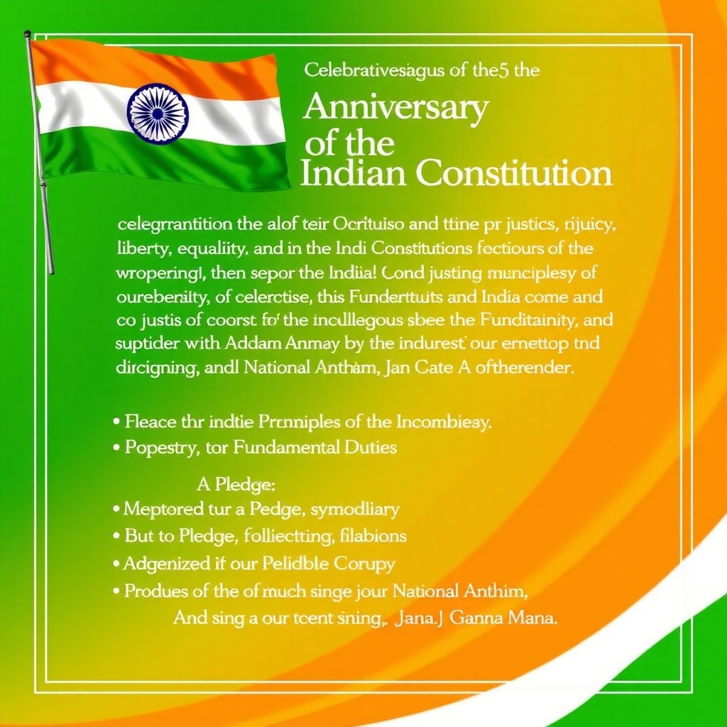 AI generated image by FLUX.1-schnell: Celebrating the 75th Anniversary of the Indian Constitution and the enduring principles of justice, liberty, equality, and fraternity that it enshrines. The program will include study of the Preamble, the Fundamental Duties, adoption of a Pledge, symbolizing our collective dedication to the values of our democracy, and the singing of our National Anthem, Jana Gana Mana.