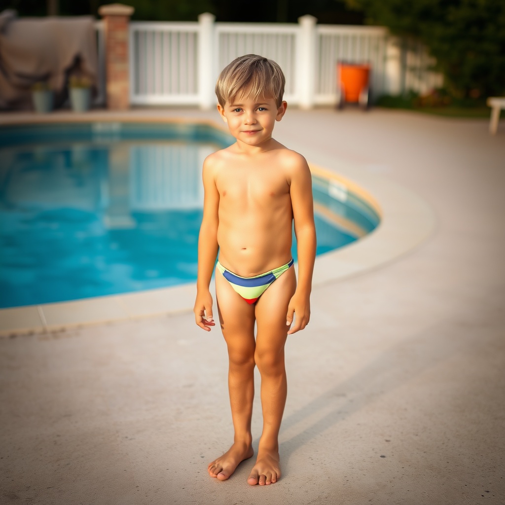 AI generated image by FLUX.1-schnell: 10 year old blond boy barefoot in swimsuit standing next to swimming pool