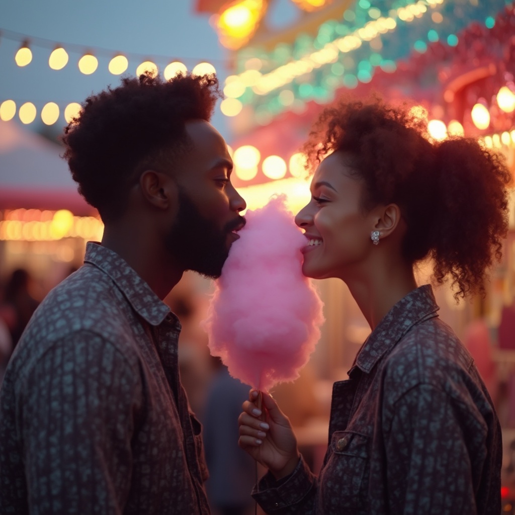 AI generated image by FLUX-Realism-Lora: Please create me a really realistic looking picture of a happy looking couple with African roots. The couple is sharing one candy floss at a funfair. They are eating it together. This means that neither of their mouths can be seen. The colourful lights of the fairground are blurred in the bac.