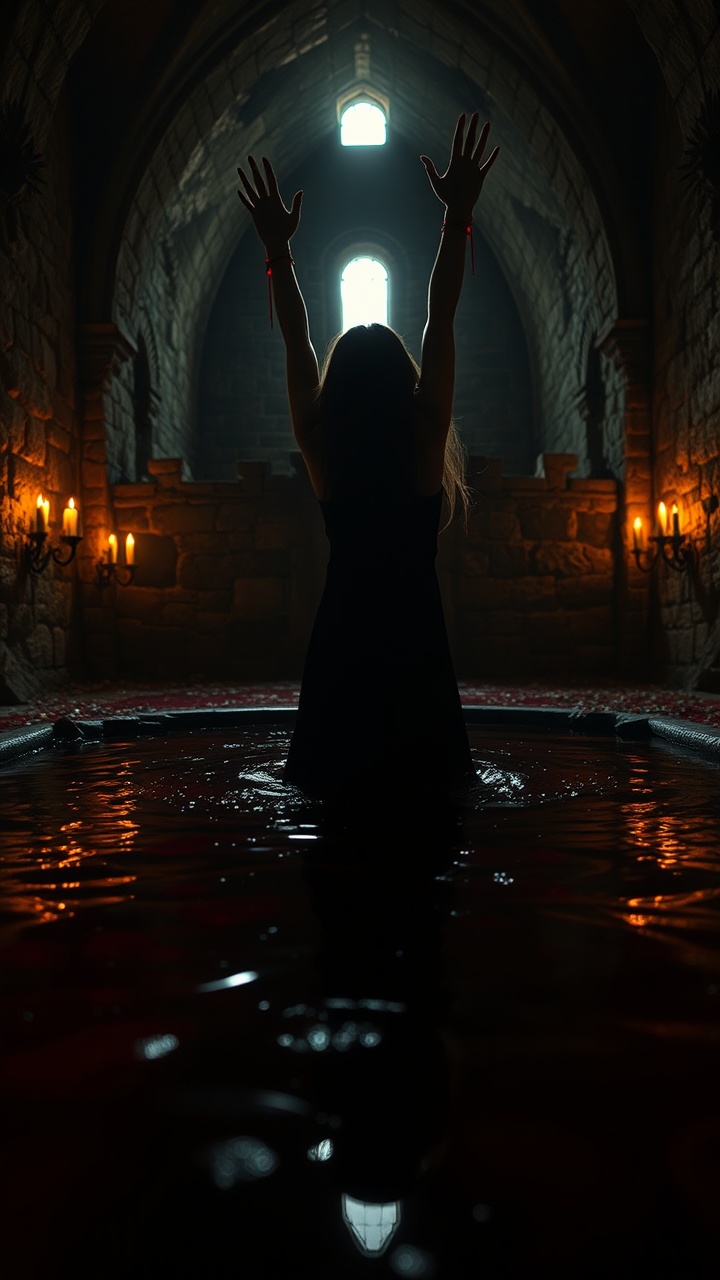 AI generated image by FLUX.1-schnell: Wide-angle shot capturing a vampire girl’s silhouette rising out of a large, dark pool of blood in an abandoned, candle-lit stone chamber. The crimson liquid clings to her as she emerges, droplets shimmering under the soft, flickering candlelight. She stretches her arms upward, her long, sharp nails glinting as the blood drips back into the pool. The camera starts with a low angle from within the pool itself, creating a dramatic, upward perspective that emphasizes her supernatural presence. Shot with a cinematic 4K camera, the scene has a rich, dark red and black color palette, with a slow, smooth pan to enhance the eerie, gothic mood.