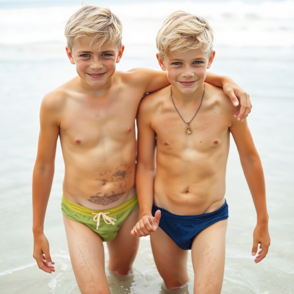 AI generated image by FLUX.1-schnell: deux garçons blond aux yeux bleu de huit ans en maillot de bain se tenant la main sur la plage