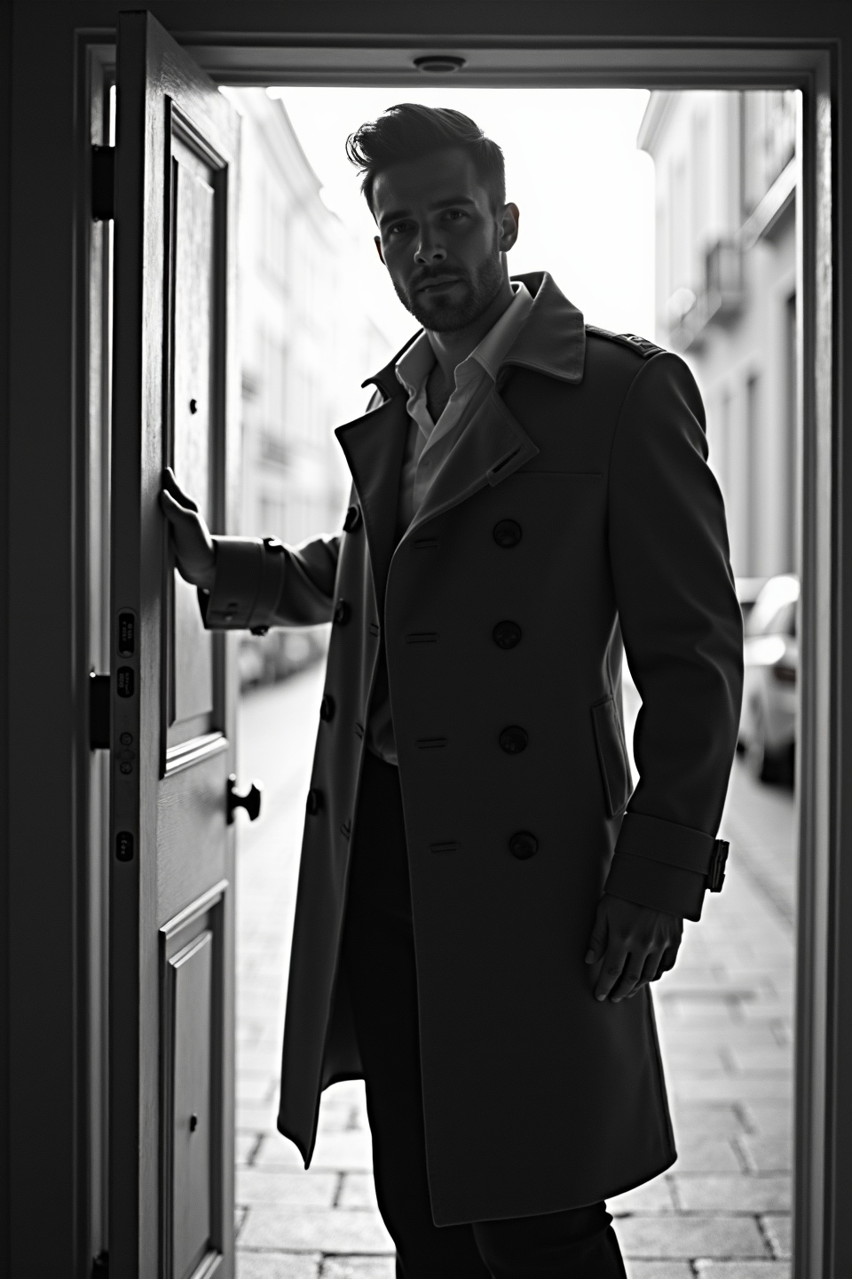 AI generated image by FLUX.1-image-to-image: black-and-white photo with the backlit dark silhouette of a handsome broad-shouldered man in a trench coat standing in a doorway coming and looking to camera. 
The man touching the door, as if he just entered the room. God rays. Backlight. Overexposed street background 