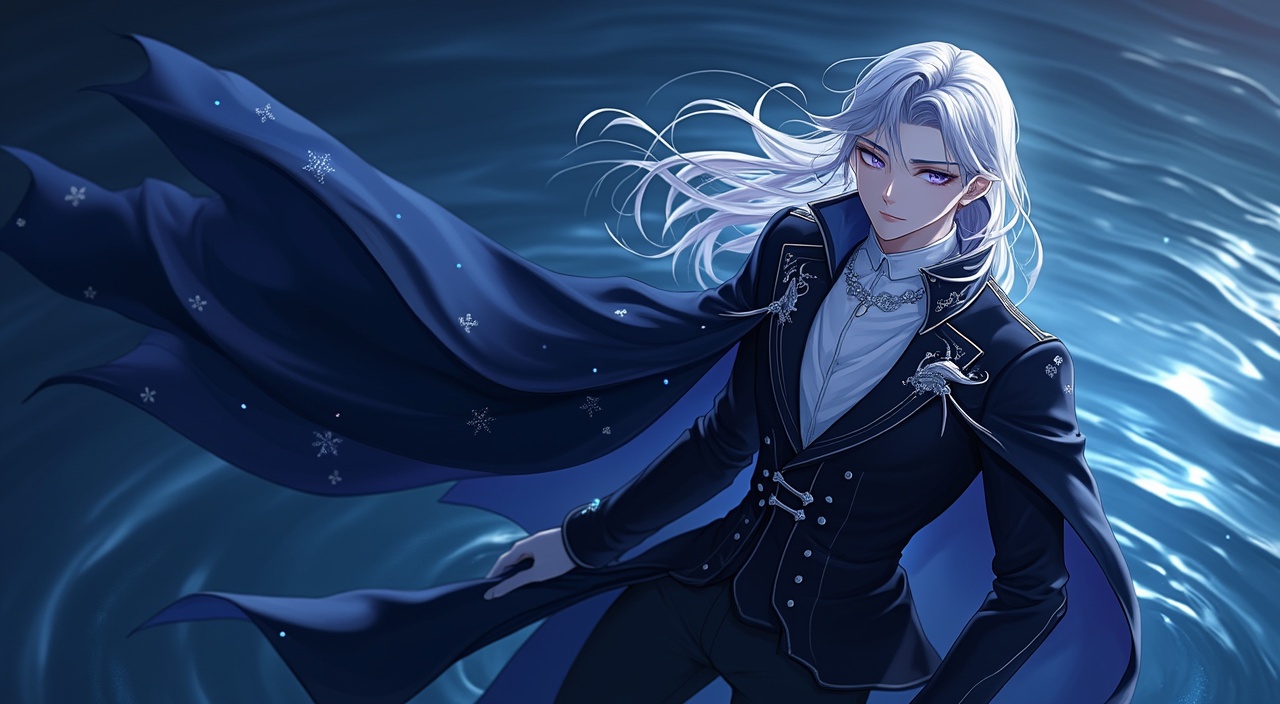 AI generated image by FLUX.1-pro: An anime young French man with an elegant, ethereal appearance. Long, wavy silver-white hair that flows just past his shoulders, with strands that shimmer faintly like moonlight. His eyes are a soft violet-gray, calm and reflective, with a faint glow like water catching the dawn. His skin is pale with a porcelain smoothness, almost luminous. His expression is serene and composed, with a hint of aloof gentleness, delicate but dignified features, almost androgynous in beauty.

He wears an embroidered dark navy coat with silver accents, layered over a high-collared white shirt. A long tailored cape, deep blue with subtle aquatic motifs, drapes from his shoulders. A polished silver brooch shaped like flowing water clasps the cape. His gloves are white, and his boots reach to the knee, polished black leather.

The background is bathed in moonlight—deep blue tones, soft shadows, and a faint mist curling across a darkened surface of water. The atmosphere feels calm, elegant, and slightly mysterious, with moonlight glinting on ripples as though echoing his power.