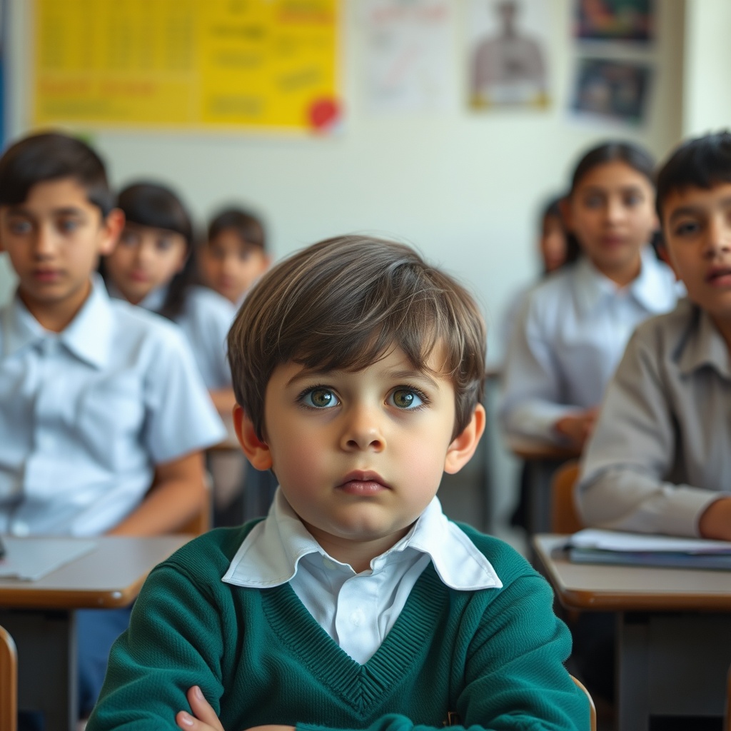 AI generated image by FLUX.1-schnell: Iranian school child in a school who is anxious and worried.