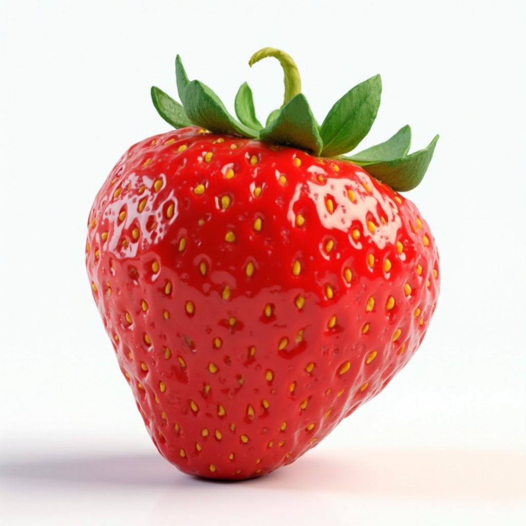 AI generated image by FLUX-Realism-Lora: A hyper-realistic 3D model of a large, glossy strawberry with bright red skin, detailed surface dimples, and yellow seeds. The strawberry should have a smooth, reflective finish, creating a polished look. The top includes natural, green, and slightly wavy leaves with visible veins. The design highlights natural imperfections, such as slight asymmetry and curves, for realism. Showcase the strawberry on a clean, white surface, with even lighting to emphasize its texture and vibrant colors.