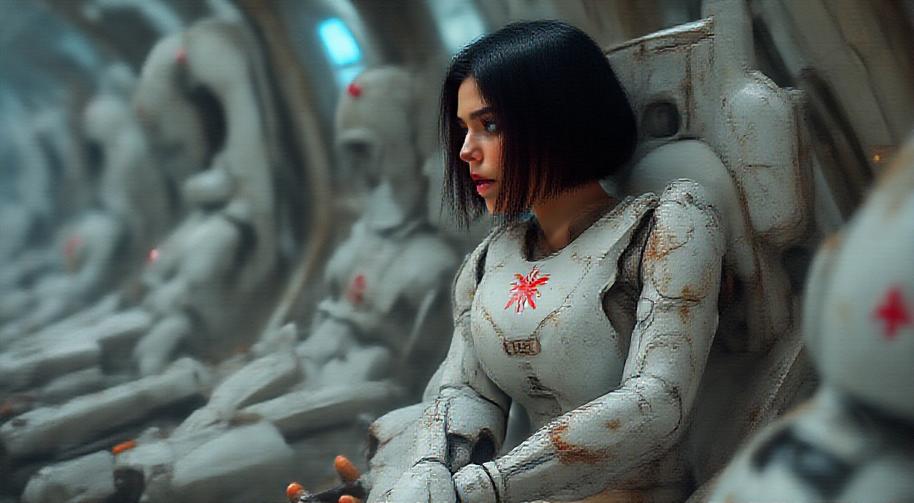 AI generated image by FLUX.1-pro: 4k, (masterpiece:1.3), (photorealism:1.3), (best quality:1.5), insane details, intricate details, hyperdetailed, cinematic lighting, 
A realistic wide-angle photograph of a young woman sitting in the cockpit of a fantastic mech robot in a futuristic sci-fi setting. She is slim and curvy, with short black bob hair that is smooth and shiny. Thoughtful tired face, distant look  She has blue eyes and a beautiful face with delicate thin lips. Her figure resembles that of a supermodel, but she is not too thin, rather sporty and toned. She wears white high-tech medical armor with a red cross insignia. The armor shows traces of burns, scratches, bullet marks, dust and dirt., The inscription "RIEL" on the armor's shoulder pads, The background shows hangar of fantastic mecha robots with medical symbols, The scene is detailed, with sharp backgrounds showcasing futuristic elements and a high-tech atmosphere