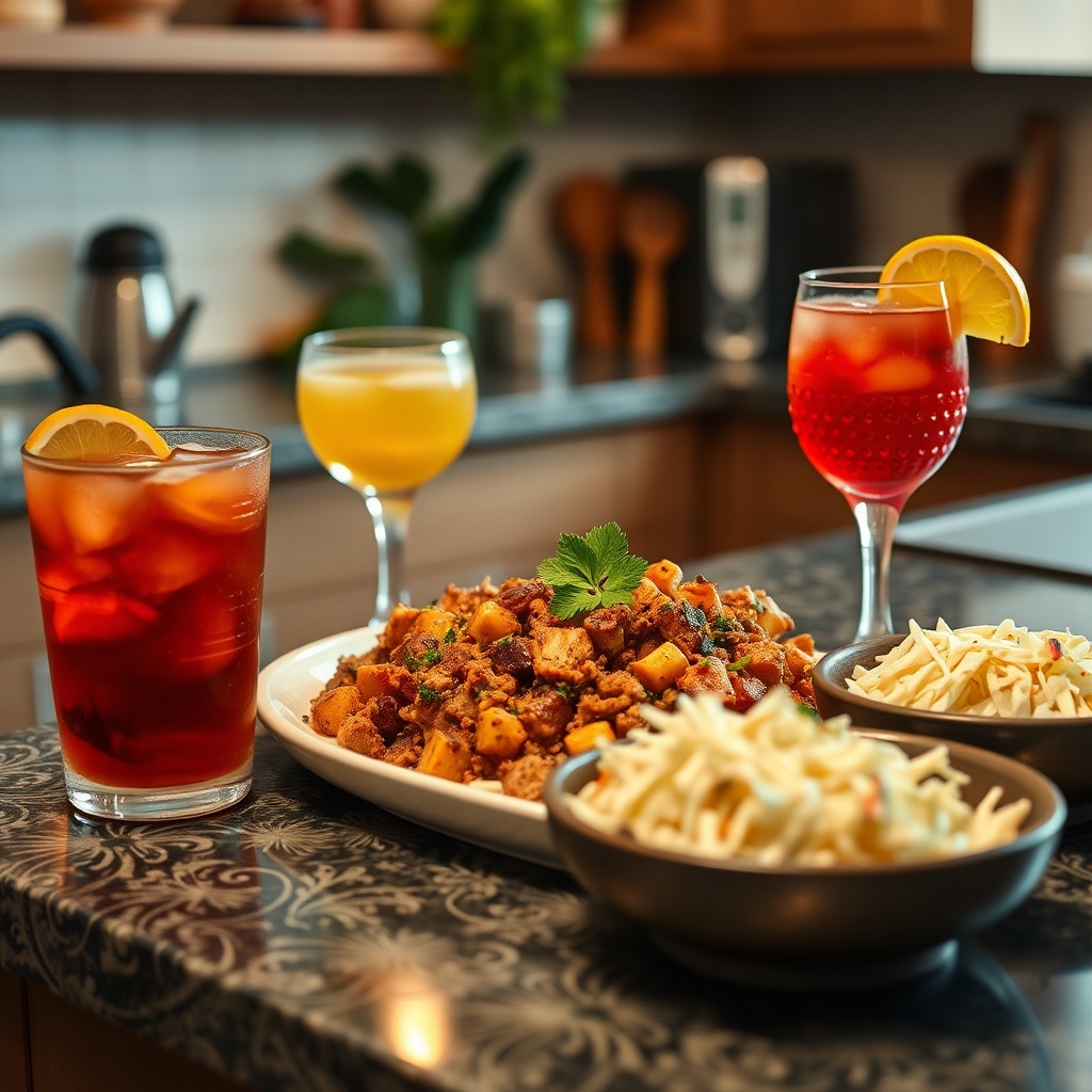 AI generated image by FLUX.1-schnell: A tasty Caribbean dish on a kitchen countertop served with cocktails and coleslaw 