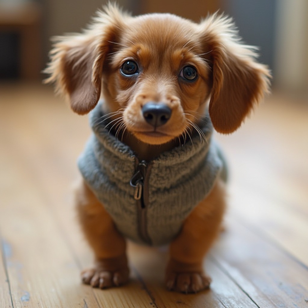 AI generated image by FLUX-Realism-Lora: A cute Dachshund in a jumper