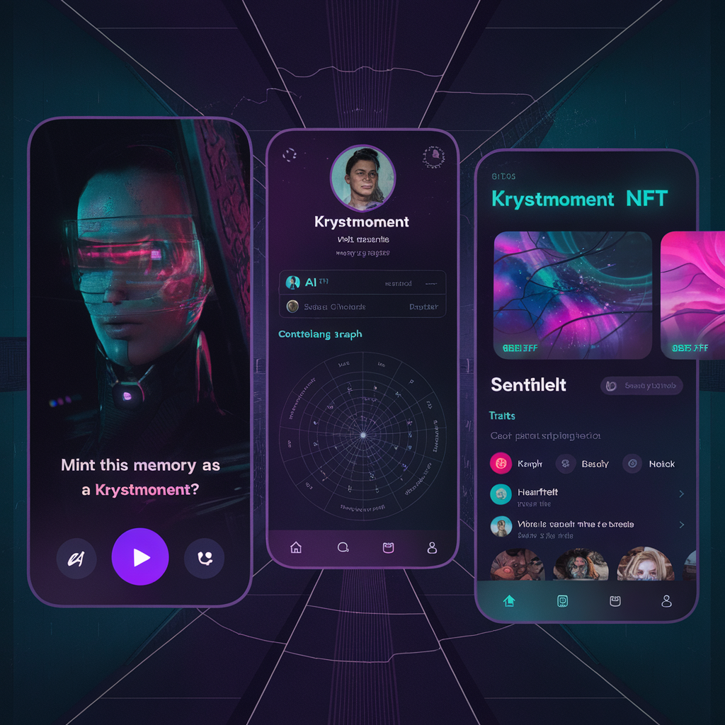 AI generated image by ideogram 2.0: A sleek, futuristic mobile app interface diagram showing 'KrystMoments' in a Web3 social media app. The diagram includes: 1) A video call screen with a prompt at the end: 'Mint this memory as a KrystMoment?', 2) AI generating a title and thumbnail, 3) A user profile displaying a constellation-style memory graph, 4) A KrystMoment NFT detail screen showing traits, sentiment (e.g., 'Heartfelt'), and an evolving thumbnail. Use a dark, cyberpunk UI style with vibrant purple (#6E42FF) and teal (#00F0FF) accents. Typography is clean and futuristic.", "size": "1024x1024