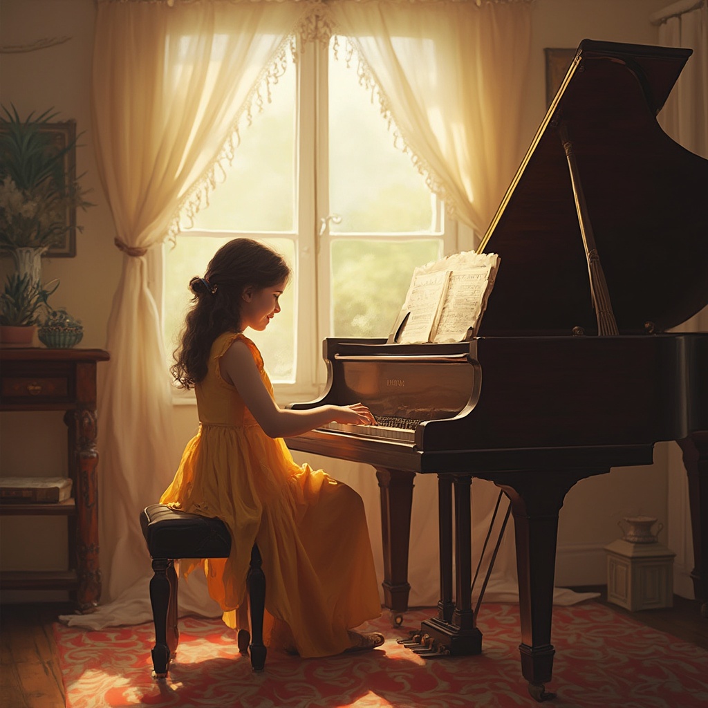 AI generated image by FLUX-Realism-Lora: The scene is in an affluent Metropolitan city home drawing room in India with a happy young girl with Indian features playing the 8 Octave Grand Piano sitting upright on a Piano bench.