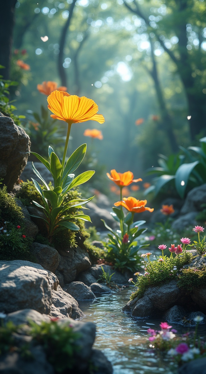 AI generated image by FLUX.1-pro: футуристические силуэты лапы-крылья. динамичная сцена. фон 3D природа феерия цвета, высокая детализация, разрешение HDR+, красиво, красочно, яркое освещение, гиперреалистично