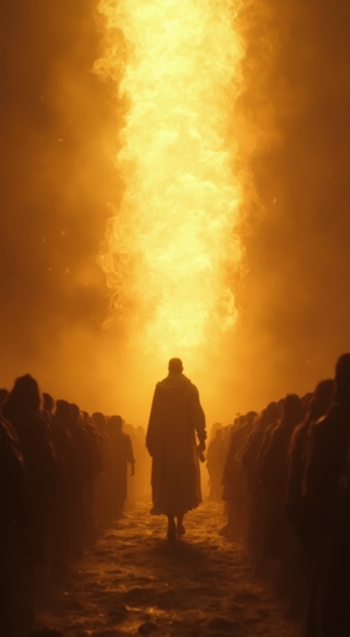 AI generated image by FLUX-Realism-Lora: 2000 years ago, A lone man walks away, disappearing into golden light, shocked crowd behind him, ethereal glow, epic composition, cinematic shot, 4K Ultra HD.