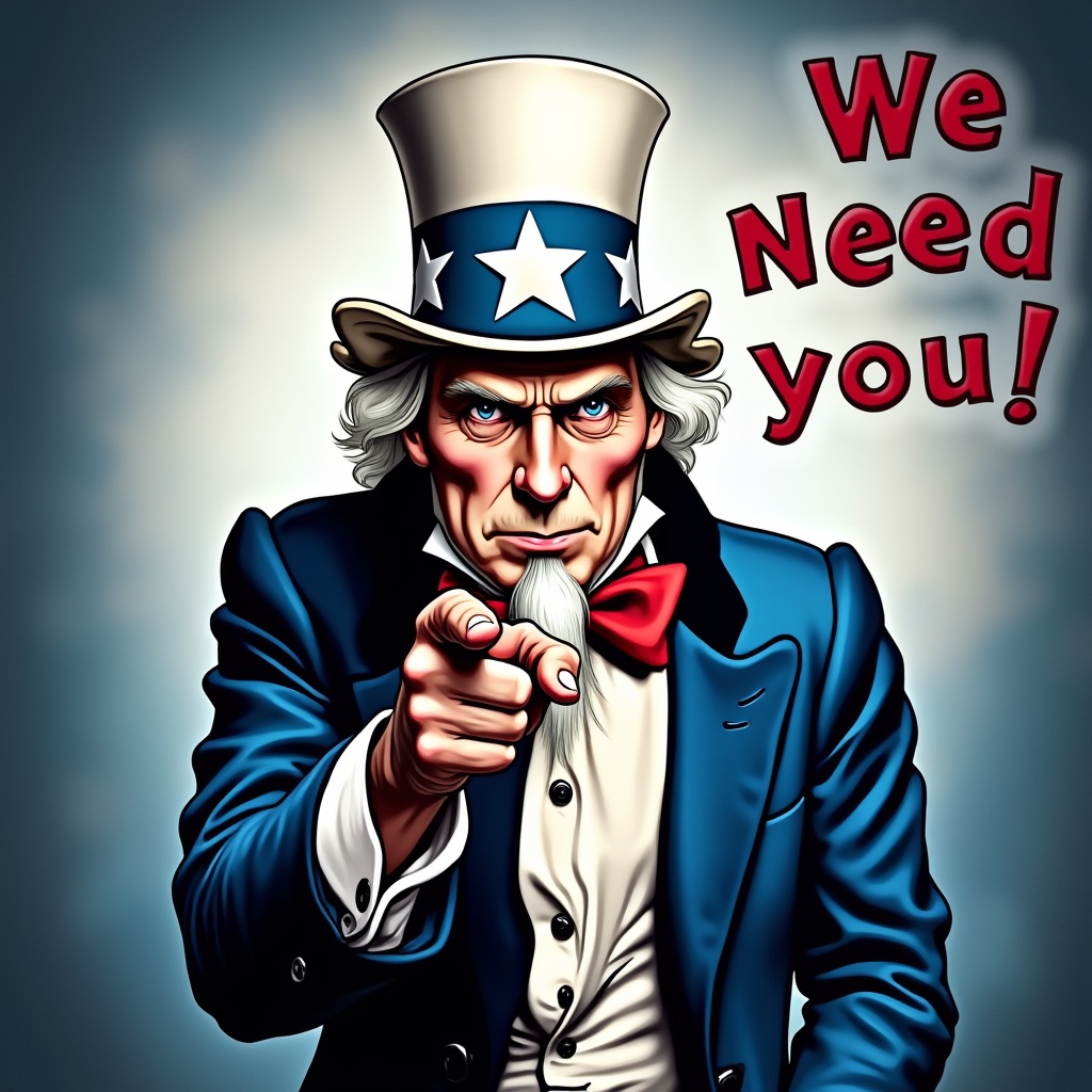 AI generated image by FLUX.1: Uncle sam dressed in blue, pointing at the viewer with the text "We need you!"