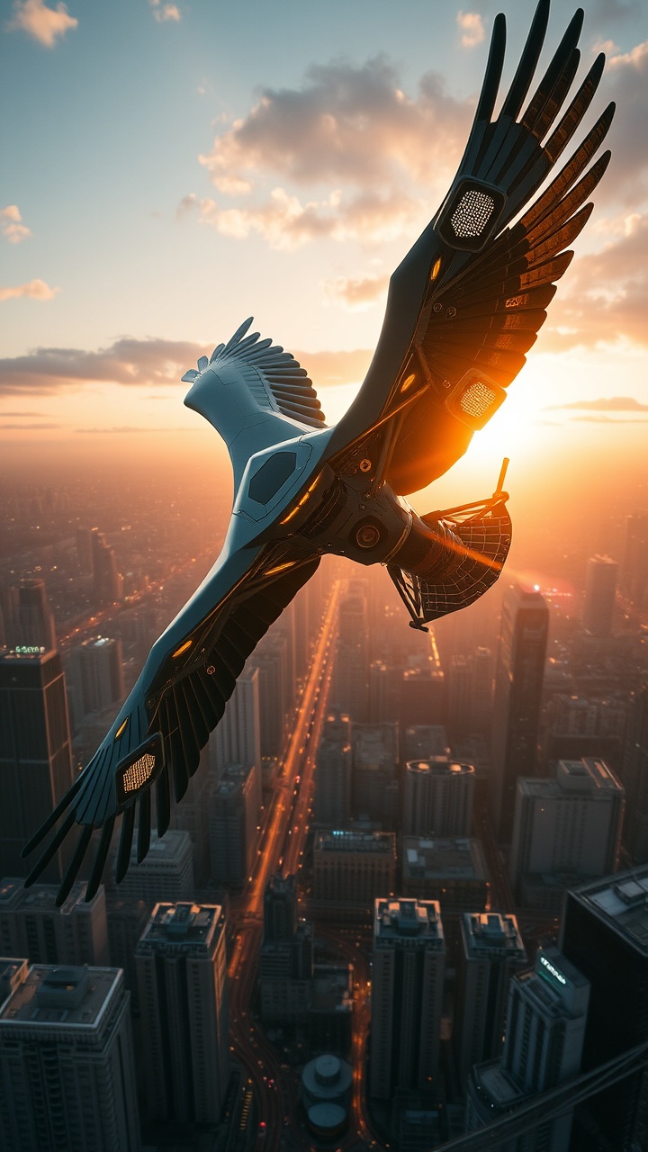 AI generated image by FLUX.1-schnell: powerful drone-eagle, its metallic wings gleaming with solar panels and propulsion jets, soaring effortlessly over a towering futuristic cityscape at dawn. Its advanced optical sensors are scanning the urban sprawl below. High-definition, futuristic aerial shot."

