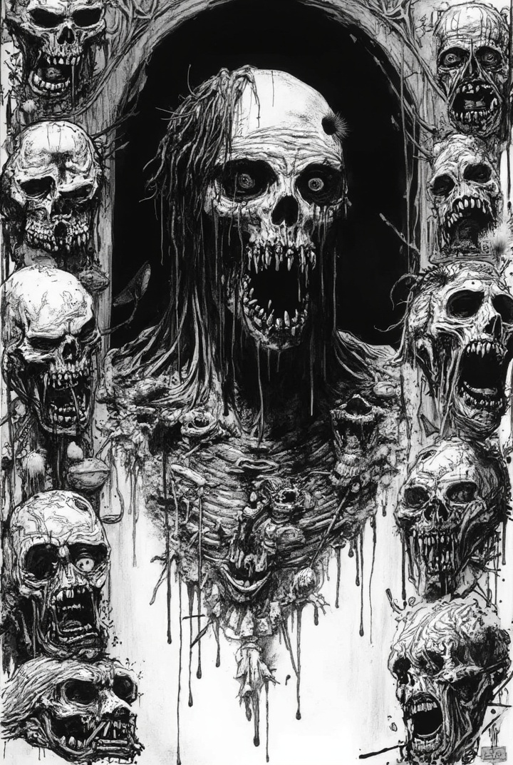 AI generated image by FLUX-Realism-Lora: A black and white illustration in the style of James Warren's Creepy Magazine, with a 1970s aesthetic. The image is a zombie-themed piece of art, with pieces of corpses dripping with blood, grime, and putrefaction. The left and right sides surrounding the image are filled with detailed drawings of rotting corpses, mutilated zombies, and creepy images. The background is completely black, providing a high contrast to the black illustrations. The overall style is old, dirty, underground, macabre, and creepy, with no color except for black ink on the white background, contributing to its gothic and disturbing atmosphere.