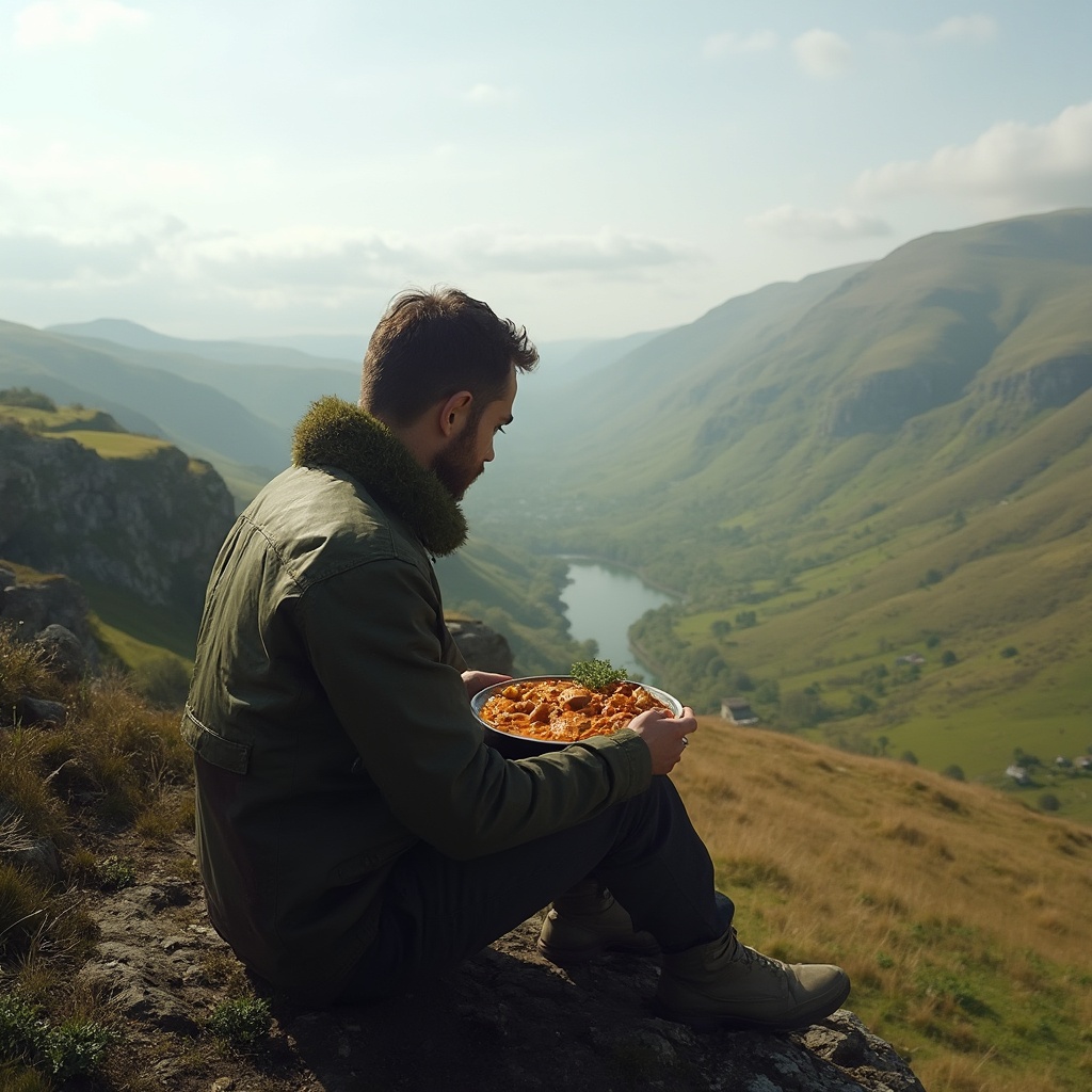 AI generated image by FLUX-Realism-Lora: A man eating curry on top of a Welsh mount overlooking a beautiful valley 