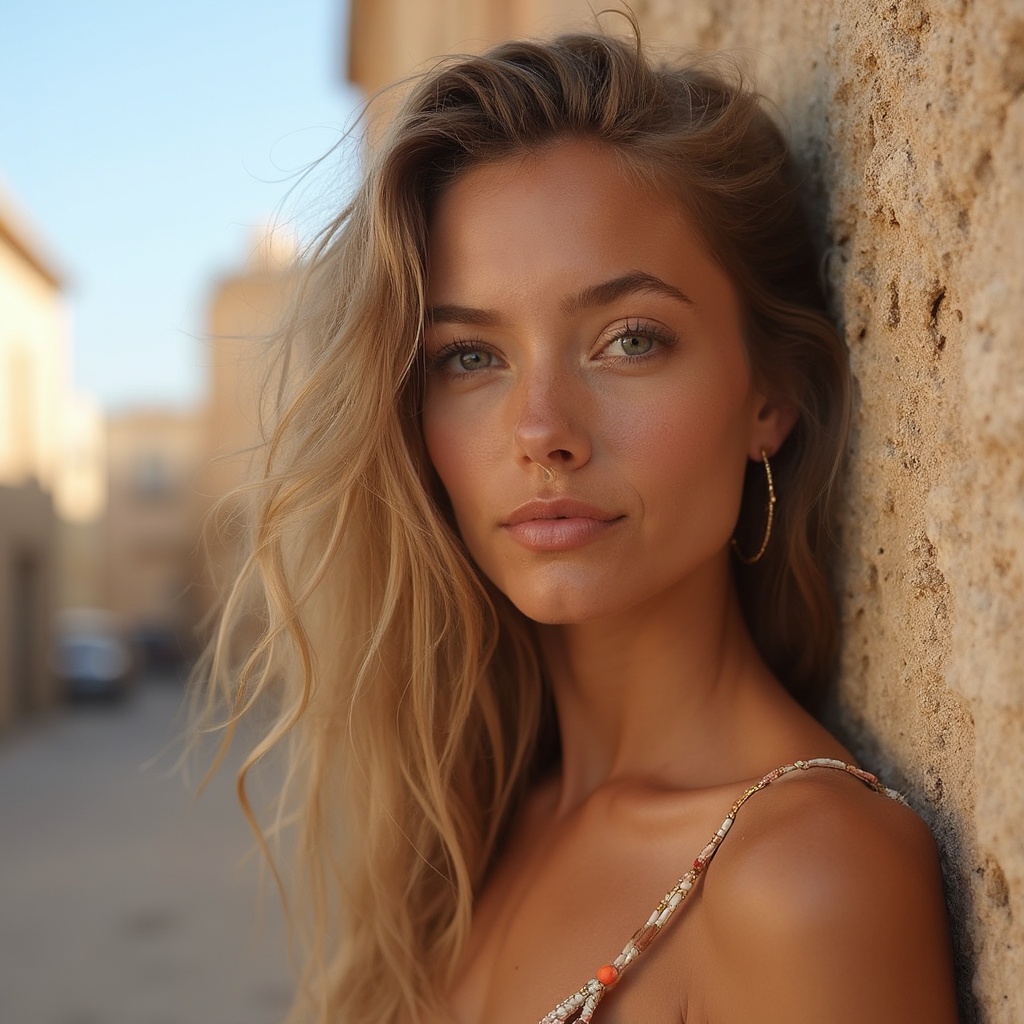 AI generated image by FLUX-Realism-Lora: Una chica joven haciéndose una foto en el pueblo de Bigastro, Alicante