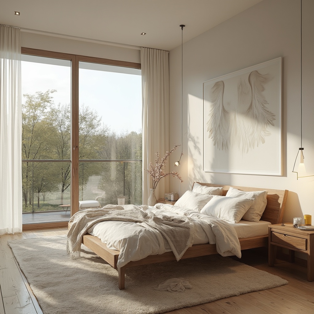 AI generated image by FLUX-Realism-Lora: a huge minimalsit bedroom with boho style and huge windows