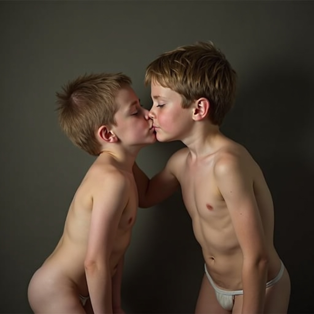 AI generated image by FLUX.1: A naked 12-year-old boy bends forward with his back to the camera as he kisses a man in front of him on the mouth. Where the boy is completely naked and not wearing any underwear The boy's entire body is visible in the picture. 