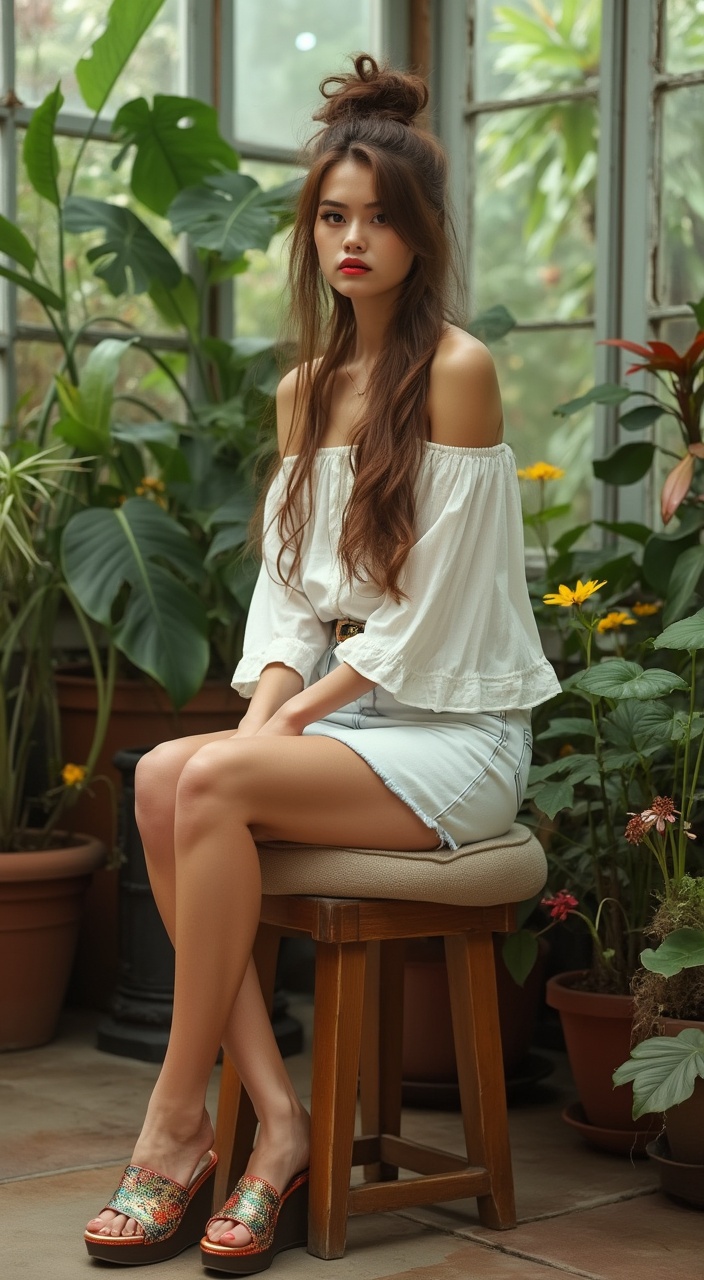 AI generated image by FLUX.1-pro: solarium with plants and lots of light. a very petite young woman about 35 with long brown hair gathered in a bun, wearing lipstick and eye makeup, white off-shoulder peasant blouse with 3/4 sleeves, white denim miniskirt, ultra high wedge slides with a multicolor vamp. sitting on a padded wooden stool at a slight angle to camera. serious expression