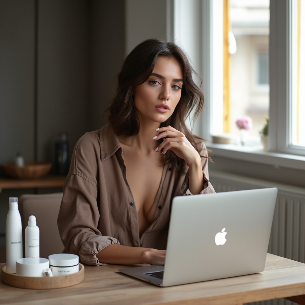 AI generated image by FLUX.1-pro: une jolie femme  brune assise avec trois produit beauté  ajoute un ordinateur MacBook avec micro sur la table et les mains sur la table avec un arrière dans un plateau d'émission 