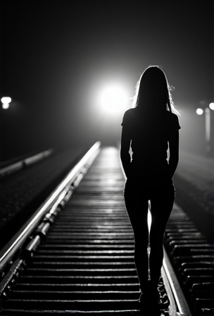 AI generated image by FLUX.1-image-to-image: The bnw silhouette of a woman's wide spreaded legs stands on railroad tracks.  A train spotlight from the background shines between her legs.