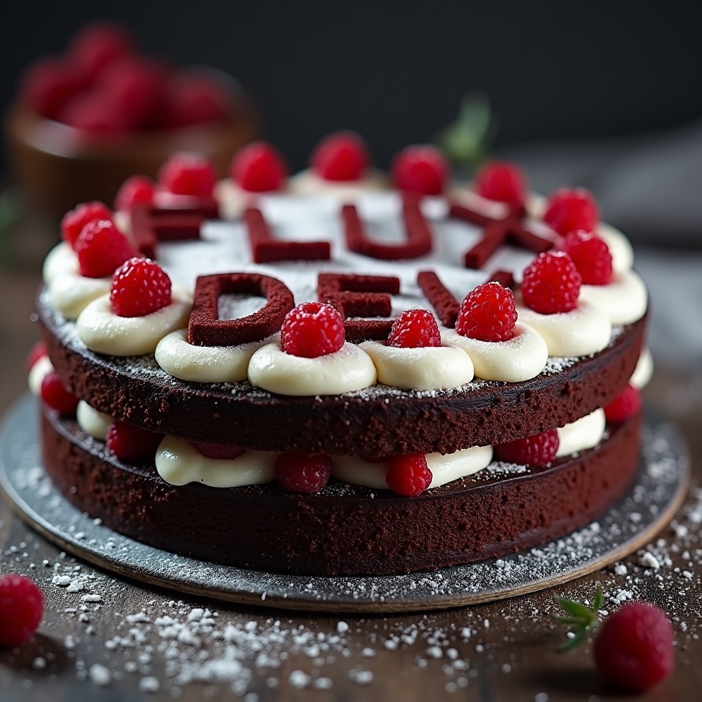 AI generated image by FLUX.1: black forest gateau cake spelling out the words "FLUX DEV", tasty, food photography, dynamic shot