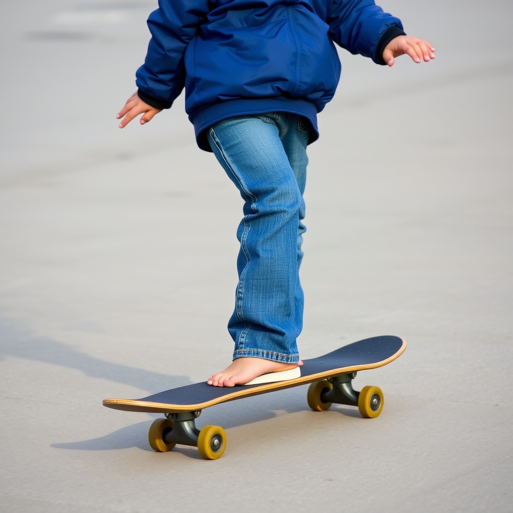 AI generated image by FLUX.1-schnell: A boy wearing blue jacket, bootcut jeans and barefoot is riding a skateboard