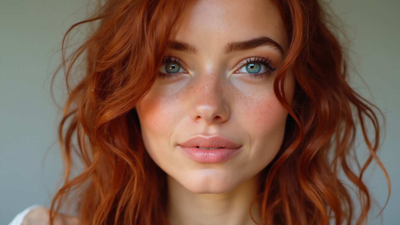 AI generated image by FLUX-Realism-Lora: Genera una mujer de piel blanca, ojos azules, cara delgada, labios grandes, pestañas largas, nariz respingada, cejas peinadas, cabello rubio y largo, algunas pecas sobre las mejillas y  cuerpo bonito con cintura delgada, y una edad promedio de 22 años