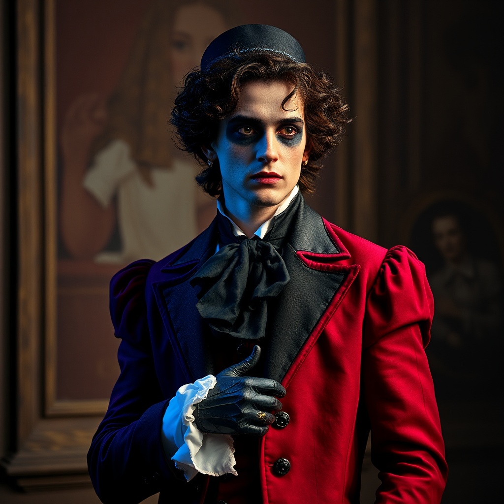 AI generated image by FLUX.1-schnell: Timothee Chalamet in costume as Scaramouche for the Commedia dell'arte, queer academia fawncore gay interest glamour fashion photography HDR