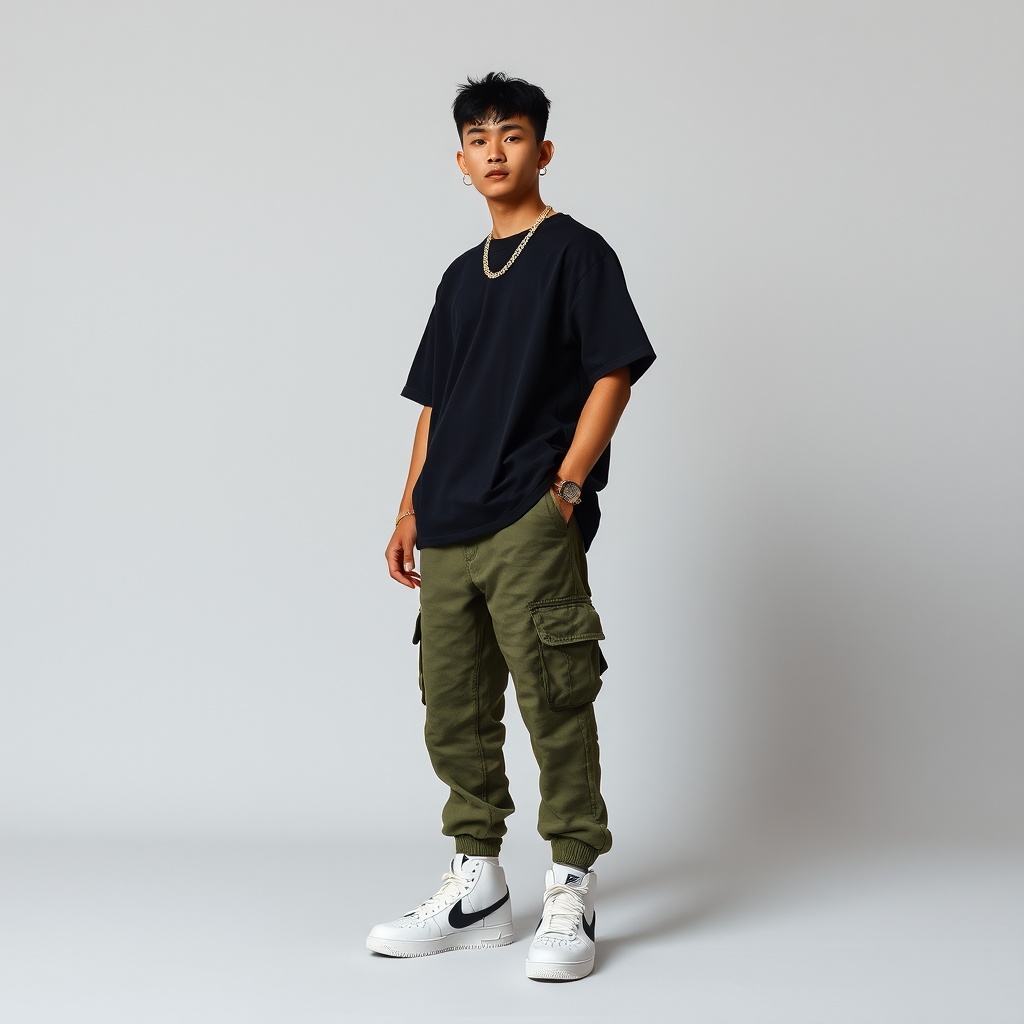 AI generated image by FLUX.1-schnell: A photo of a full-body shot of an Asian rapper wearing a stunning unconventional streetwear outfit. The model is wearing anoversized basic black t-shirt, AF1 sneakers, and moss green cargo pants. The model is styled with hip-hop accessories that complement the overall aesthetic. The image features a striking front and side view.